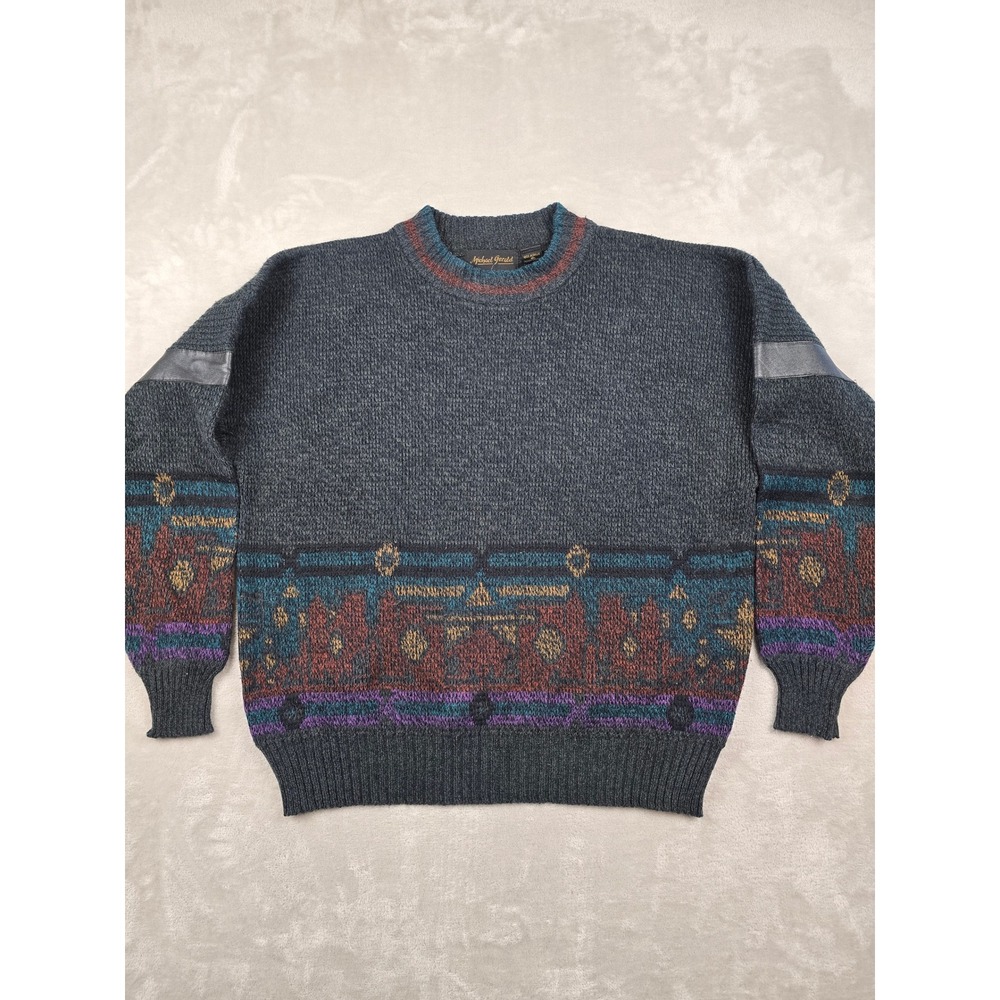 Vintage Michael Gerald Sweater Mens XL Aztec Geometric Knit Faux Leather Accent